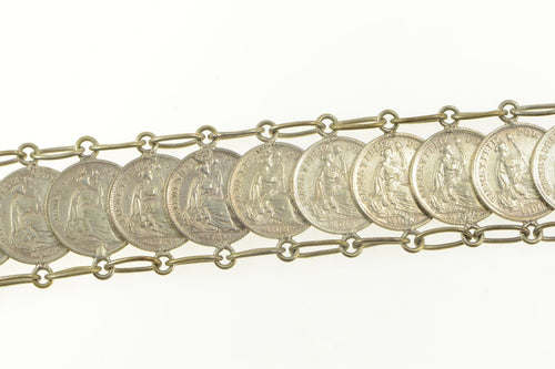 Sterling Silver 1910's Peruvian Coin Artisanal Statement Bracelet 7.25