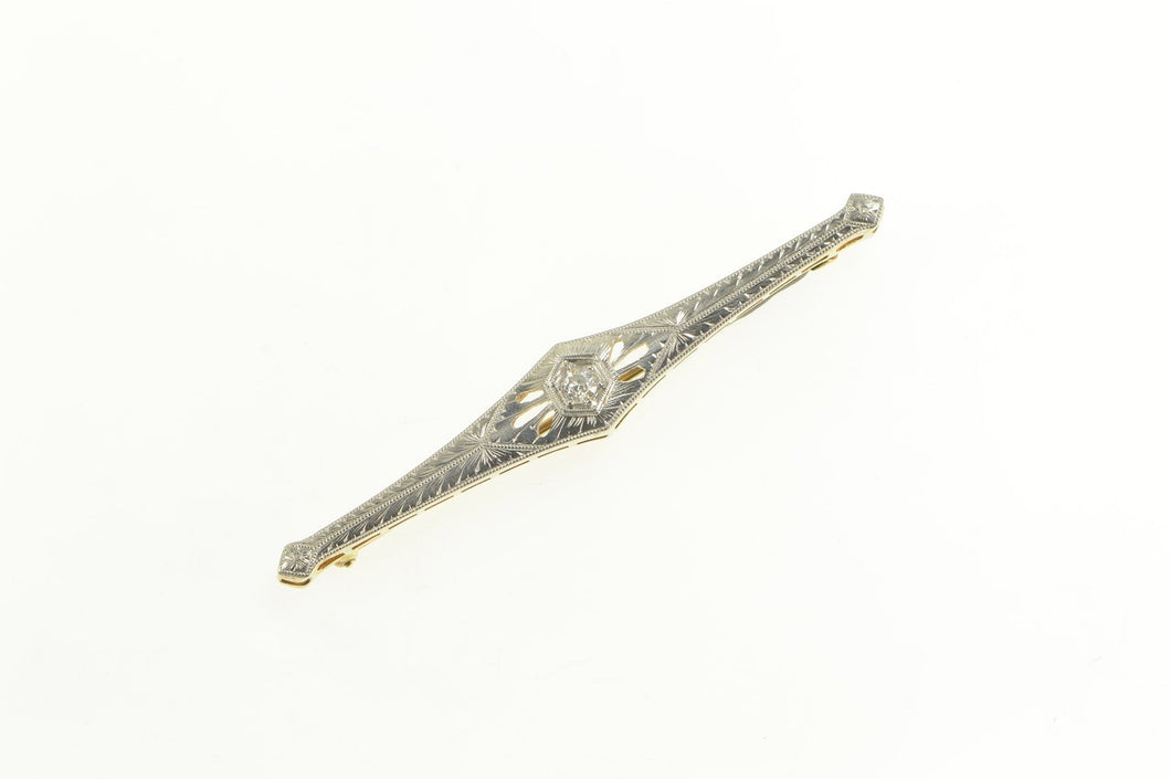 14K Diamond Two Tone Art Deco Ornate Bar Pin/Brooch Yellow Gold