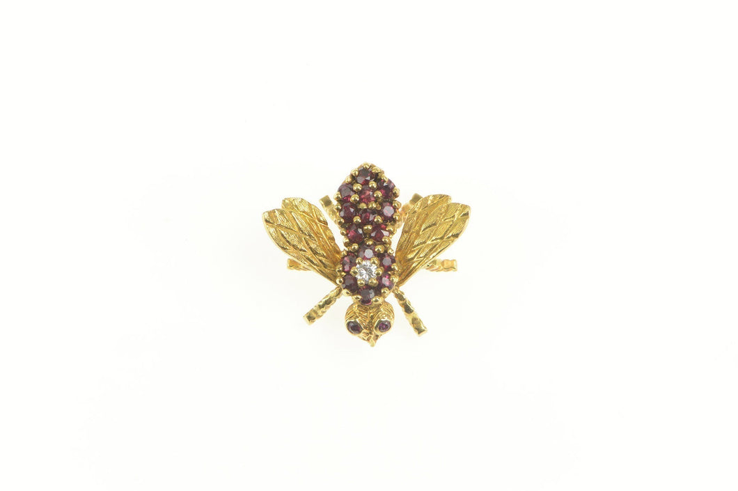 18K Retro Ruby Diamond Honey Bee Fly Bug Pin/Brooch Yellow Gold