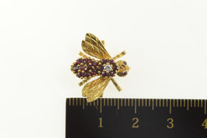 18K Retro Ruby Diamond Honey Bee Fly Bug Pin/Brooch Yellow Gold