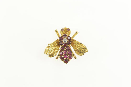 18K Retro Ruby Diamond Honey Bee Fly Bug Pin/Brooch Yellow Gold