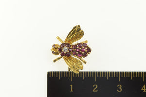 18K Retro Ruby Diamond Honey Bee Fly Bug Pin/Brooch Yellow Gold