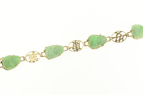 14K Carved Jade Buddha Chinese Character Ornate Bracelet 6.5