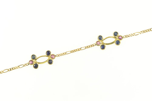 18K Sapphire Ruby Inset Figaro Chain Link Bracelet 7
