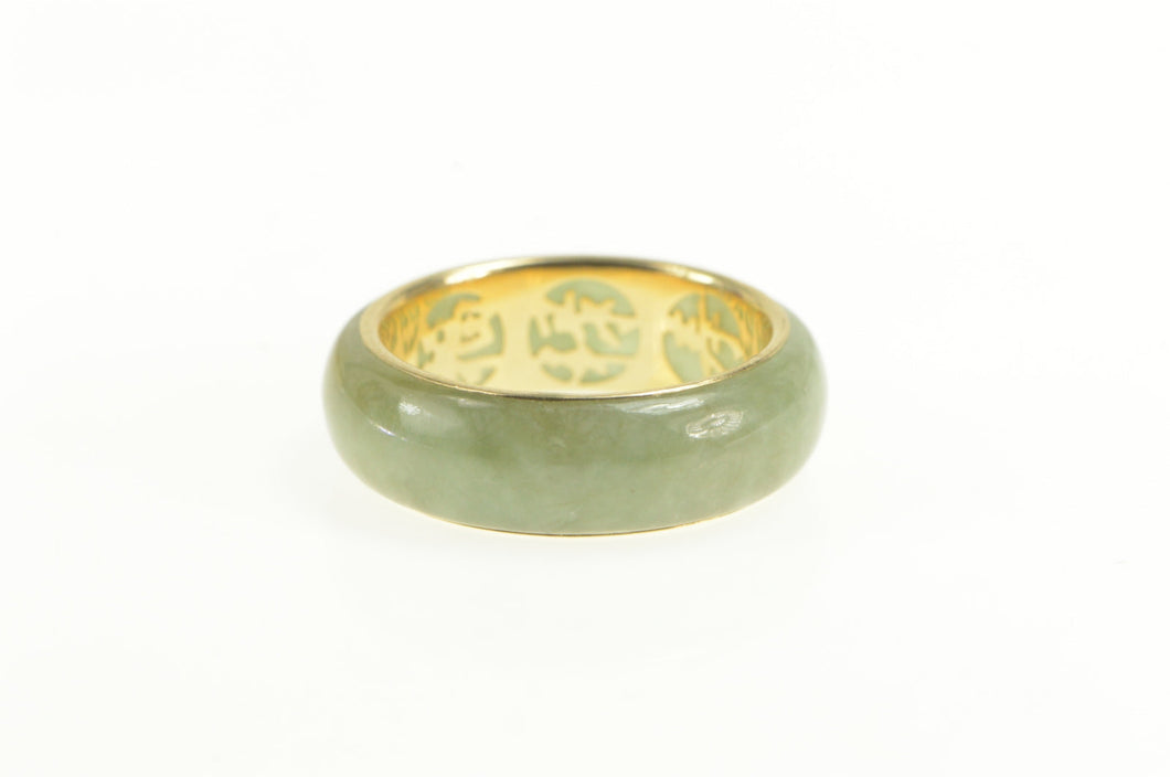 14K 7.3mm Carved Rounded Jade Band Statement Ring Yellow Gold