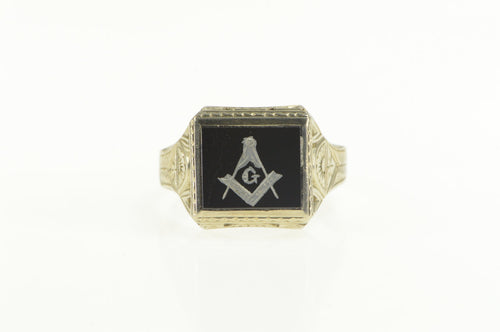 14K Art Deco Masonic Compass Square Men's Ring White Gold