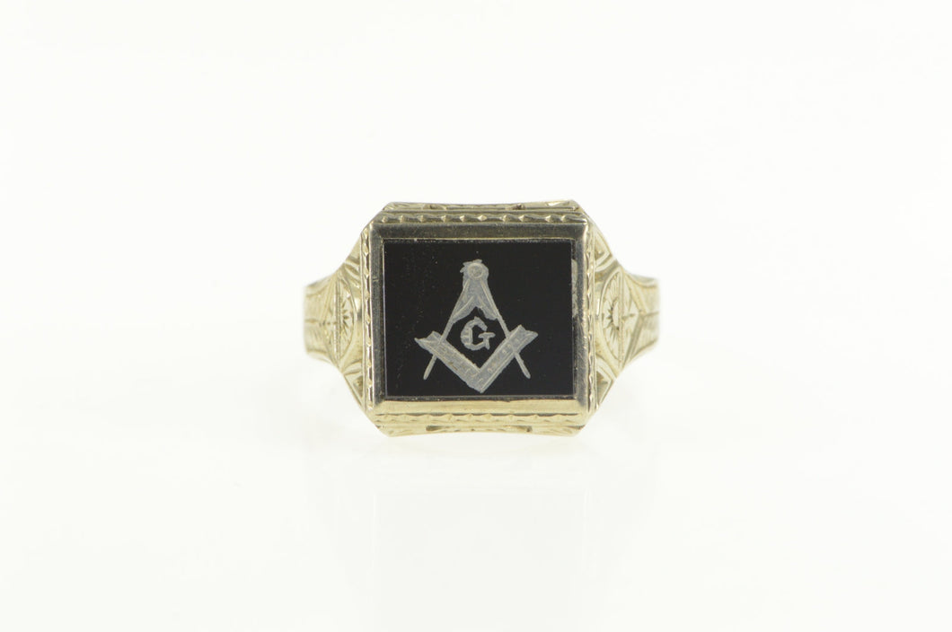 14K Art Deco Masonic Compass Square Men's Ring White Gold