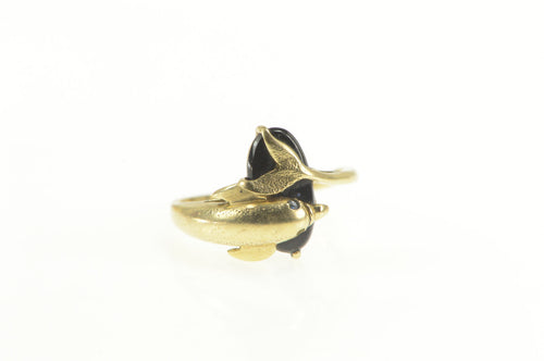10K Black Onyx Dolphin Sapphire Eyed Statement Ring Yellow Gold