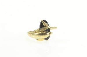 10K Black Onyx Dolphin Sapphire Eyed Statement Ring Yellow Gold