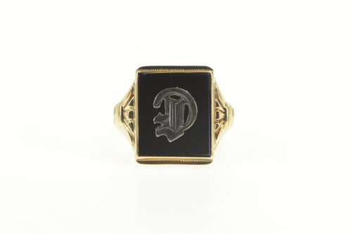 10K Art Deco C E Monogram Black Onyx Initial Ring Yellow Gold