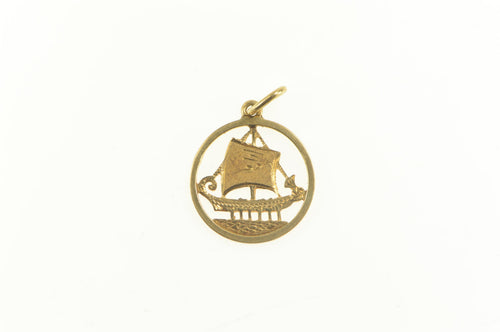 18K Etched Viking Long Boat Round Retro Charm/Pendant Yellow Gold
