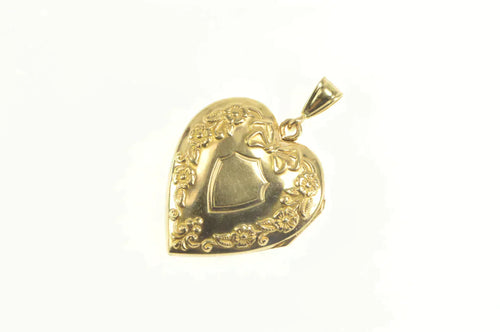 10K Retro Puffy Heart Forget Me Not Locket Photo Pendant Yellow Gold