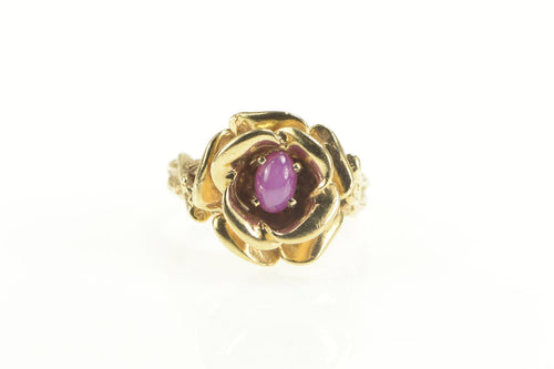 14K Retro 3D Rose Flower Syn. Star Ruby Ring Yellow Gold