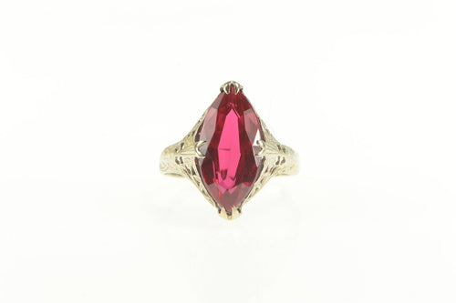 14K Art Deco Marquise Syn. Ruby Filigree Statement Ring White Gold