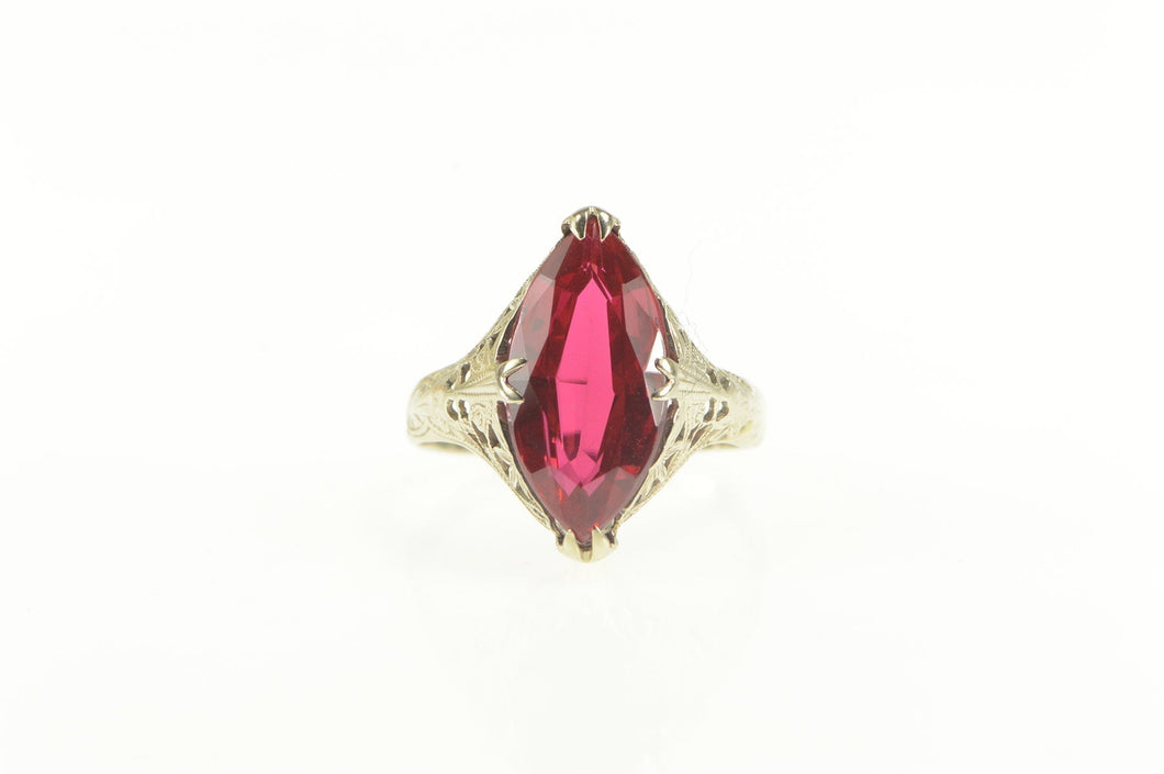 14K Art Deco Marquise Syn. Ruby Filigree Statement Ring White Gold