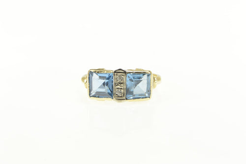 14K Art Deco Princess Cut Syn. Blue Topaz Diamond Ring Yellow Gold
