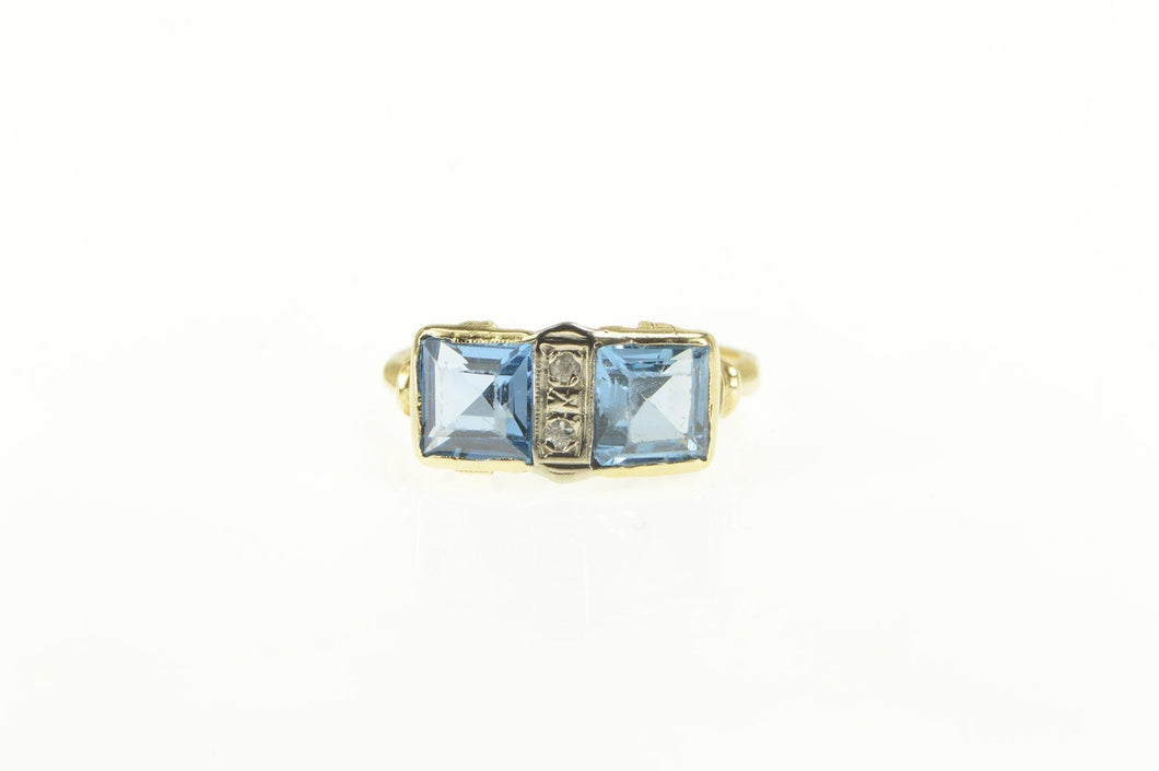 14K Art Deco Princess Cut Syn. Blue Topaz Diamond Ring Yellow Gold
