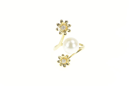 14K Pearl Diamond Flower Cluster Bypass Statement Ring Yellow Gold