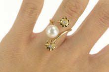 Load image into Gallery viewer, 14K Pearl Diamond Flower Cluster Bypass Statement Ring Yellow Gold