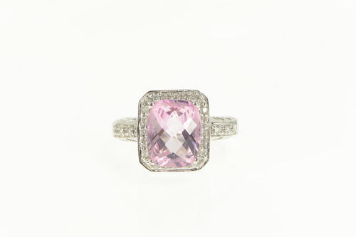 14K Faceted Pink Topaz Diamond Halo Cocktail Ring White Gold