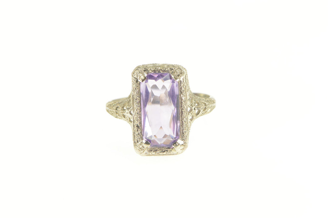 14K Art Deco Emerald Cut Amethyst Filigree Ring White Gold