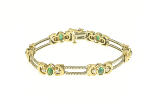 14K Two Tone Emerald Diamond Rope Bar Link Bracelet 7