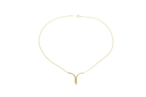 14K Retro Diamond Curved Bar Drop Squared Chain Necklace 16