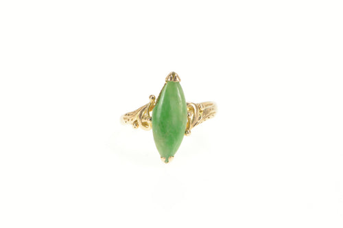 18K Navette Nephrite Ornate Scroll Statement Ring Yellow Gold