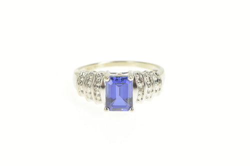 10K Emerald Cut Syn. Sapphire Diamond Accent Ring White Gold
