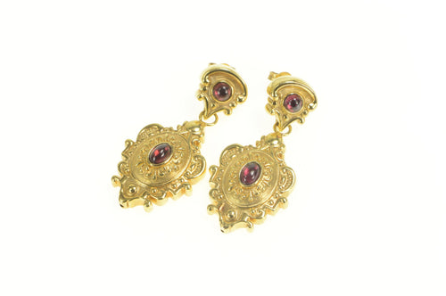 14K Garnet Elaborate Scroll Rococo Dangle Earrings Yellow Gold