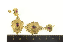 Load image into Gallery viewer, 14K Garnet Elaborate Scroll Rococo Dangle Earrings Yellow Gold