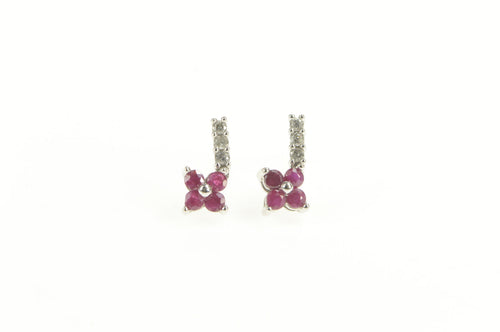 10K Ruby Diamond Flower Cluster Dangle Earrings White Gold