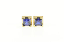 Load image into Gallery viewer, 14K Princess Cut Syn. Sapphire Solitaire Stud Earrings Yellow Gold