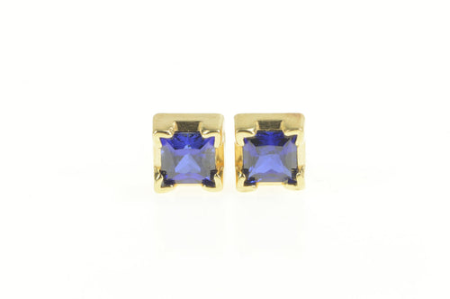 14K Princess Cut Syn. Sapphire Solitaire Stud Earrings Yellow Gold