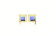 Load image into Gallery viewer, 14K Princess Cut Syn. Sapphire Solitaire Stud Earrings Yellow Gold