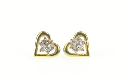 10K Heart Diamond Flower Cluster Stud Earrings Yellow Gold