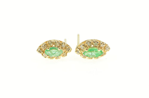 14K Marquise Natural Emerald Diamond Halo Stud Earrings Yellow Gold