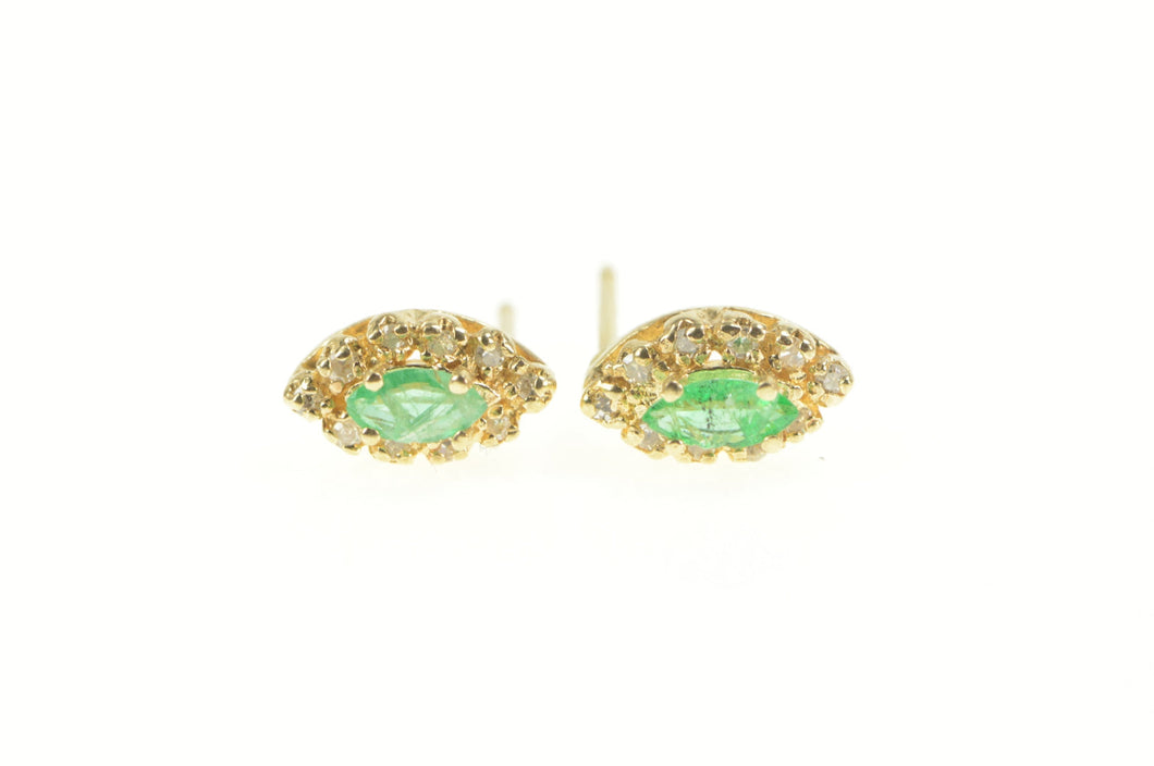 14K Marquise Natural Emerald Diamond Halo Stud Earrings Yellow Gold