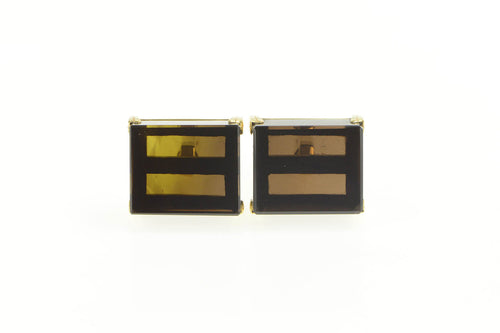 14K 1960's Squared Smoky Quartz Inset Statement Cuff Links Yellow Gold