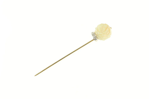 10K 1940's Carved Celluloid Rose Flower Diamond Stick Pin Yellow Gold