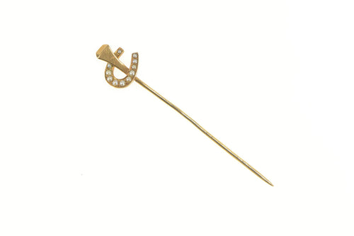 14K Victorian Seed Pearl Horse Shoe Ornate Stick Pin Yellow Gold