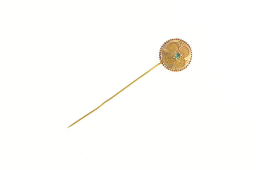 10K Victorian Sim. Emerald Clover Round Statement Stick Pin Yellow Gold