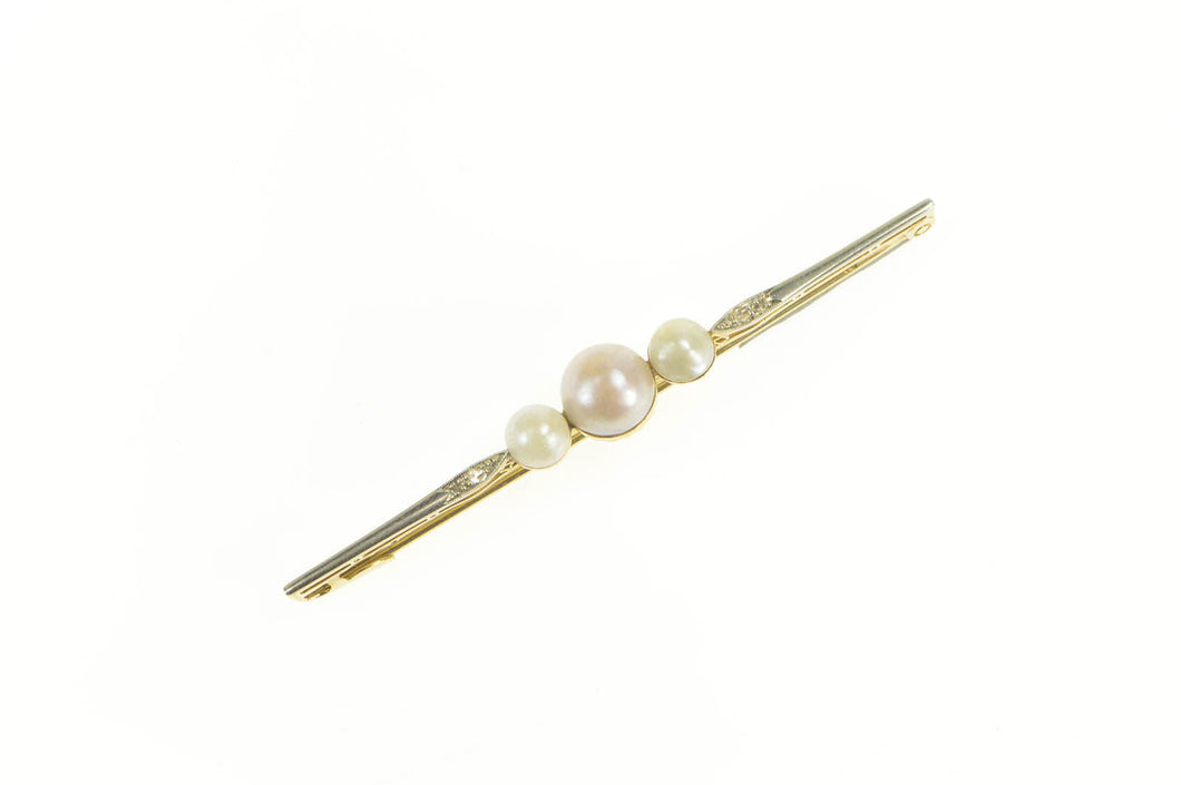 14K Victorian Pearl Three Stone Diamond Bar Pin/Brooch Yellow Gold