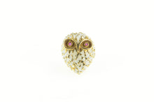 Load image into Gallery viewer, 14K Ruby Eyed White Enamel White Owl Lapel Pin/Brooch Yellow Gold