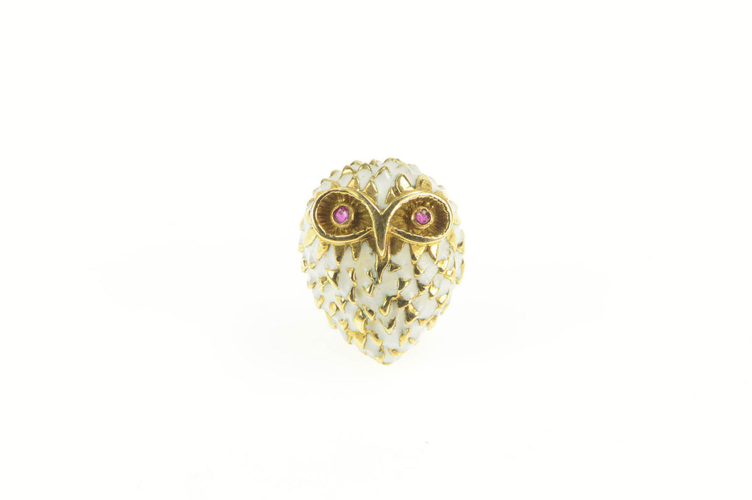 14K Ruby Eyed White Enamel White Owl Lapel Pin/Brooch Yellow Gold