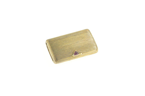 14K Art Deco Syn. Ruby Grooved Pattern Pill Trinket Box Yellow Gold