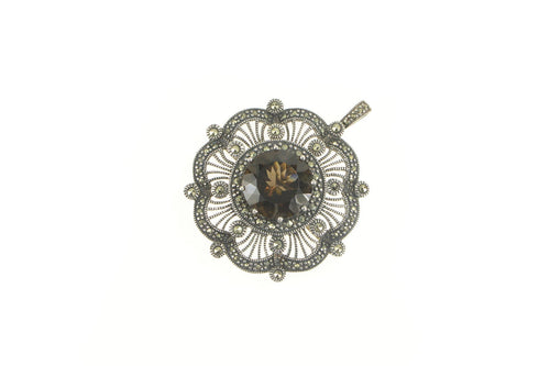 Sterling Silver Elaborate Smoky Quartz Filigree Marcasite Pendant/Pin