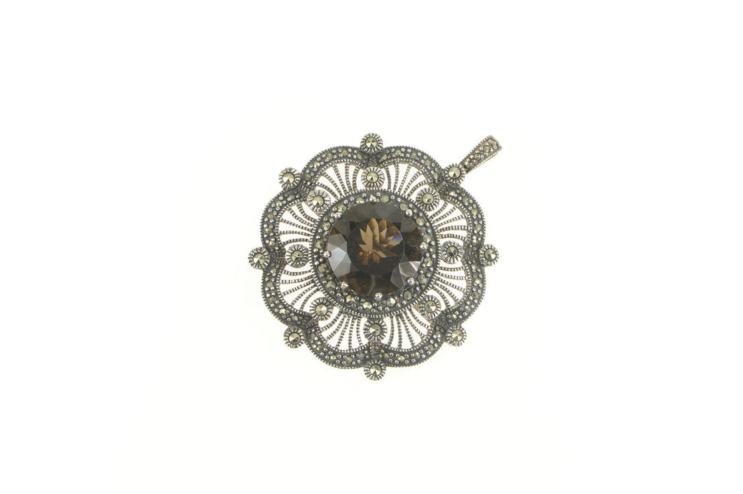 Sterling Silver Elaborate Smoky Quartz Filigree Marcasite Pendant/Pin