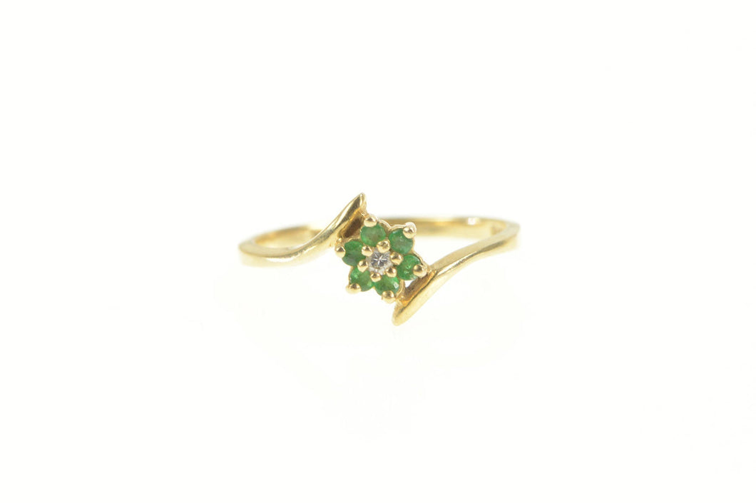 14K Diamond Emerald Halo Flower Cluster Ring Yellow Gold