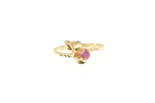 18K Black Hills Leaf Syn. Pink Sapphire Flower Ring Yellow Gold
